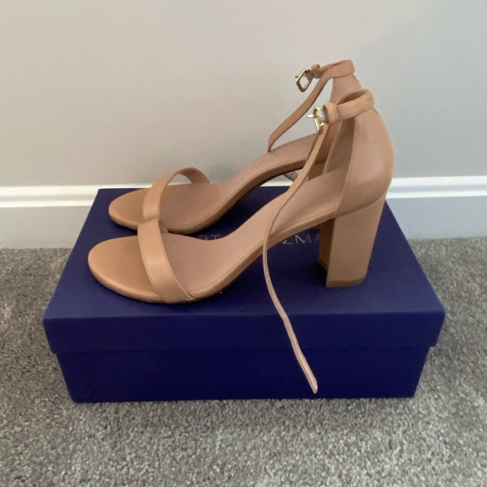 Stuart Weitzman Nearly Nude Nudist Block Heel Sandal Adobe 7.5